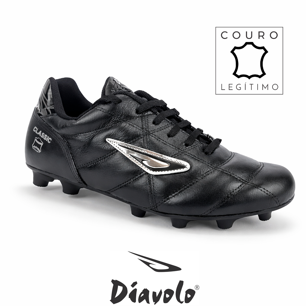 Chuteira Futebol  De Campo Travas de Borracha 100% Couro Natural Diavolo Classic Original