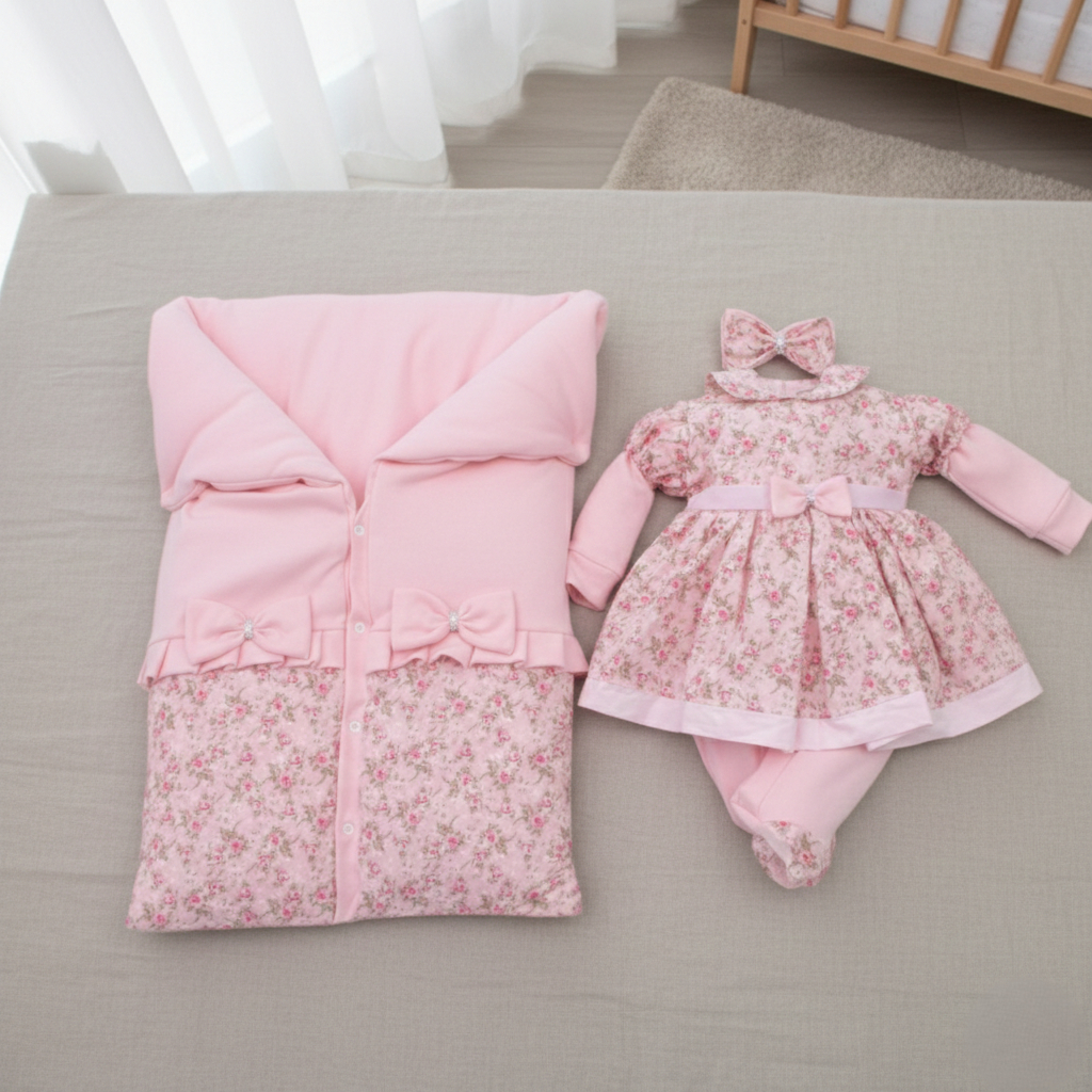 Saída Maternidade Rosinha Floral Manga Longa 100% Algodão com Porta Bebê Enxoval Maternidade Premium