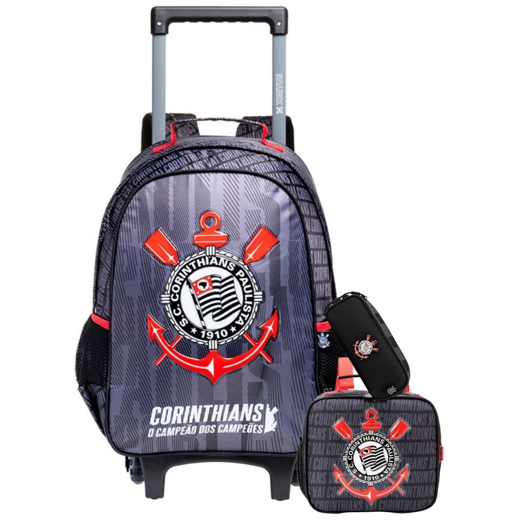 Kit Conjunto Escolar Infantil Menino Futebol Time Corinthians Timão Mochila Rodas 2EM1 + Lancheira + Estojo