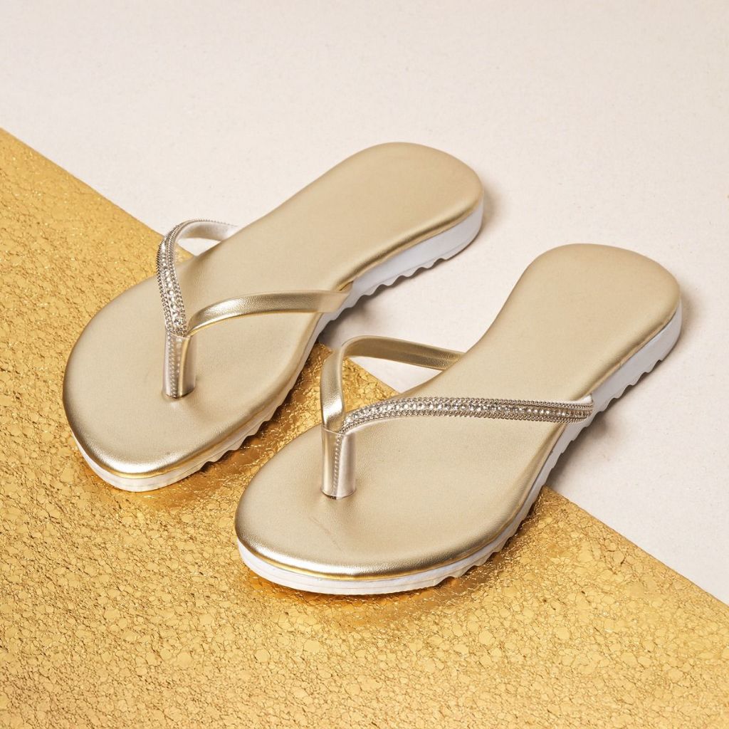 Sandália Infantil Menina Chinelo De Dedos Strass Acabamento Metálico Dourado Festa Passeio