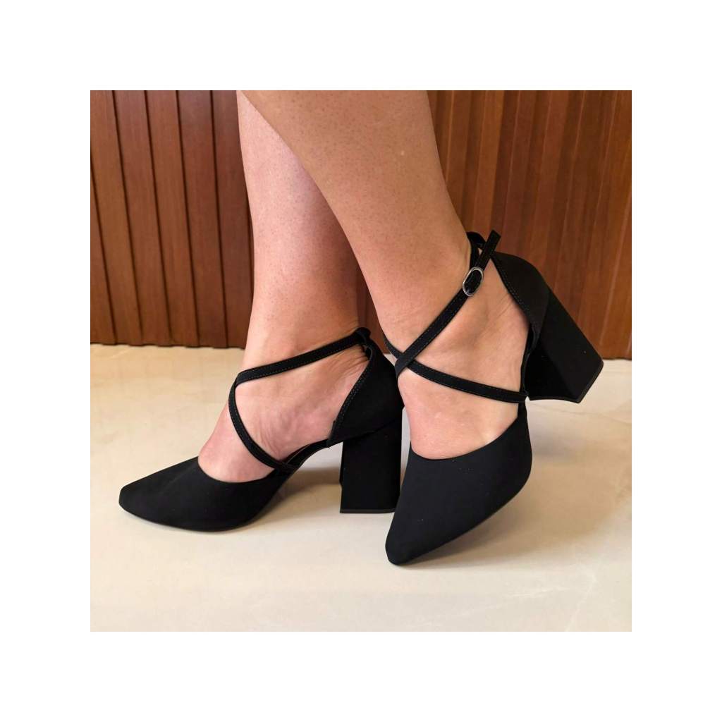 Sapato Feminino Scarpin Tiras Cruzadas Salto Alto 8 cm Grosso brilho elegante Original PÉ DA GATA