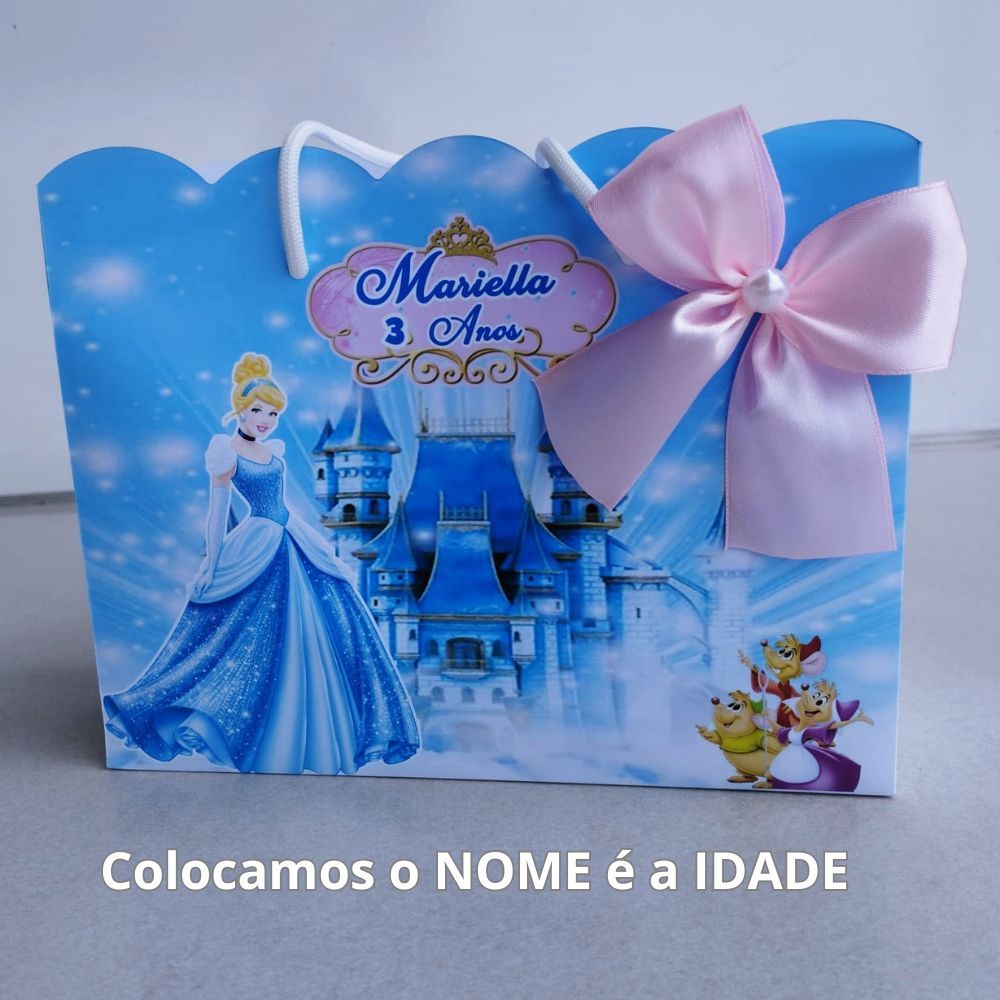 Sacolinha + BRINDE Personalizada CINDERELA Lembrancinha de Festa Infantil com Alça - Nome e Idade