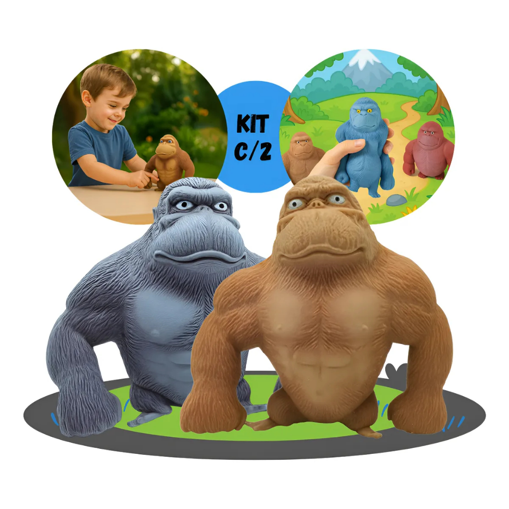 Kit 2 Macaco Gorila Indestrutível Boneco Macaco Kong Estica Esmaga Sensorial Regulador