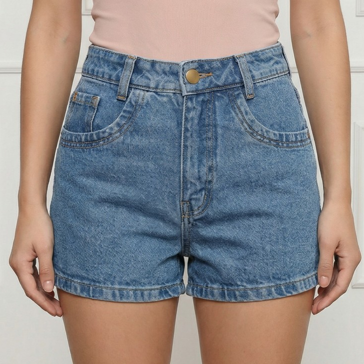 Short Jeans Feminino Cintura Alta Marmorizado 100% Algodão Sem Lycra Cintura Alta Bolso Confortável em Oferta na Shopee