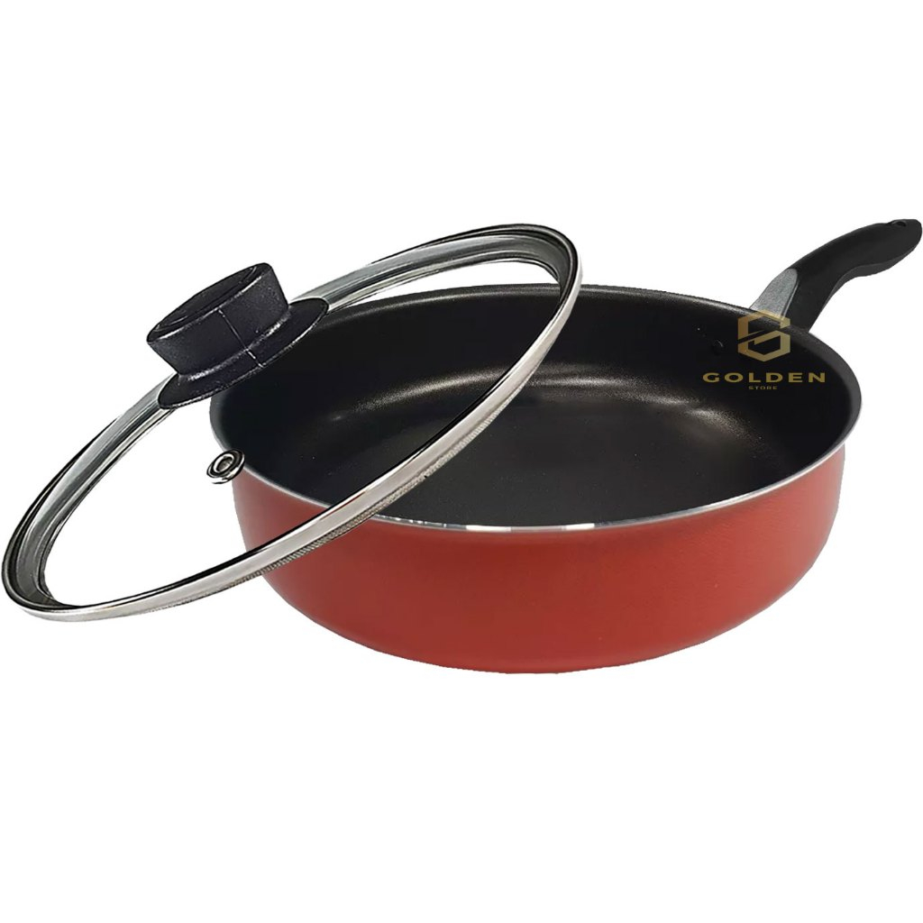 Frigideira 18 cm Alta Antiaderente Teflon Cor Vermelha com Tampa de Vidro + Espátula Nylon