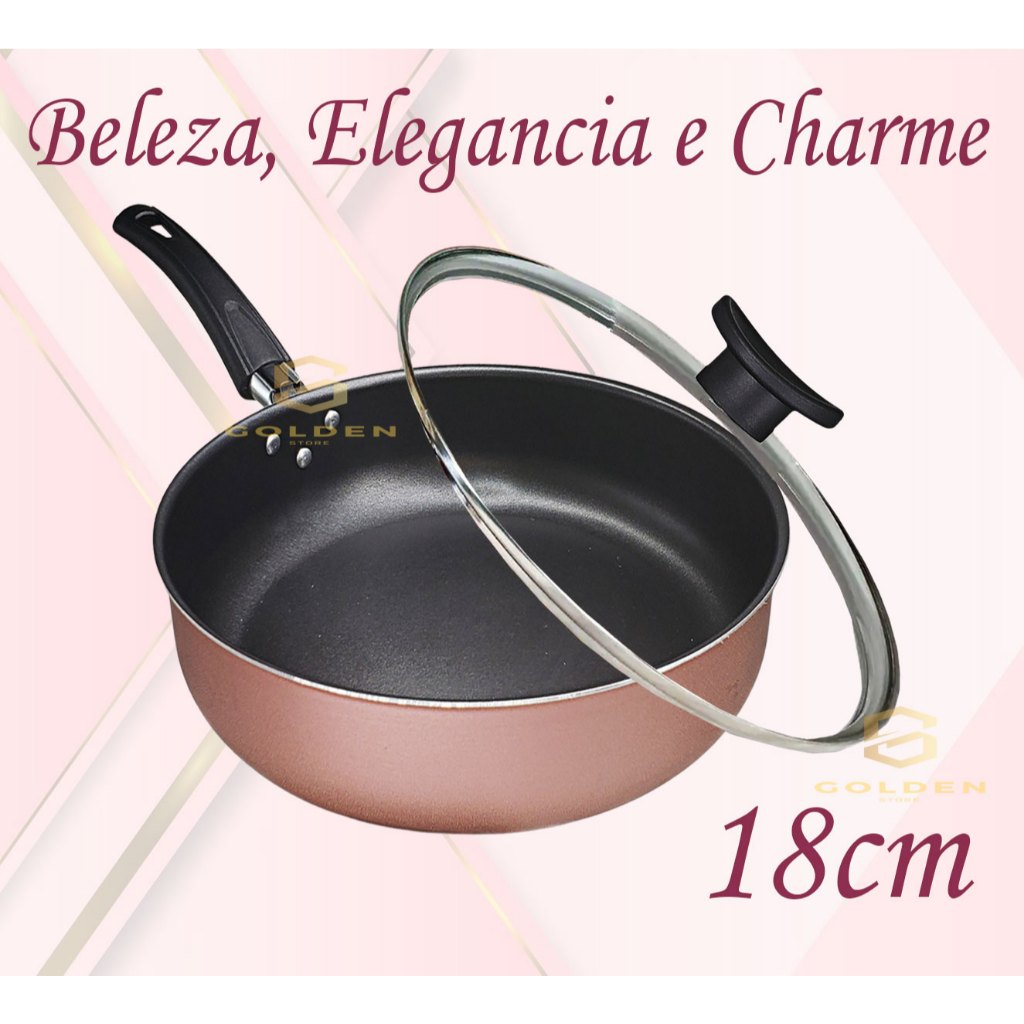 Frigideira 18 cm Alta Antiaderente Teflon Cor Rose e Preto com Tampa de Vidro + Espátula Nylon