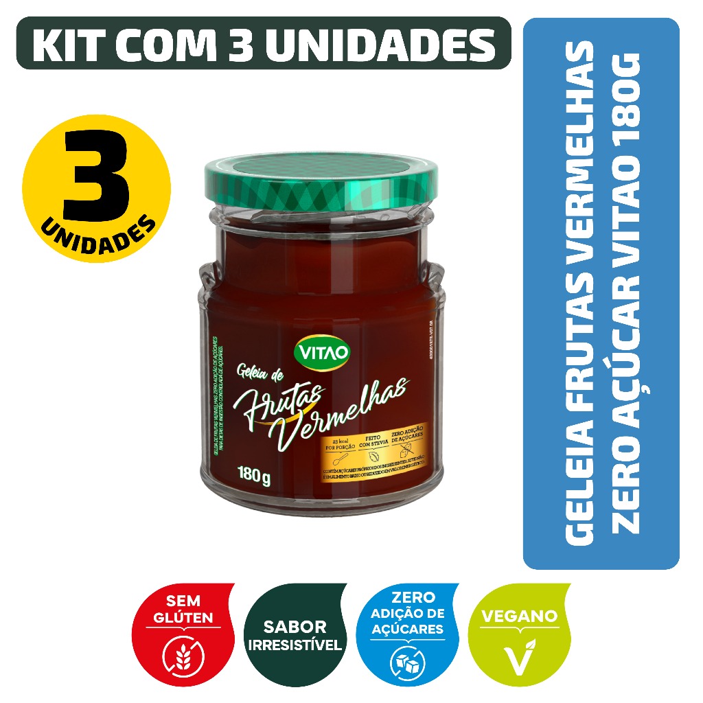 Kit Geleia Frutas Vermelhas Zero Açúcar Vitao 180G - 3 Unidades em Oferta na Shopee