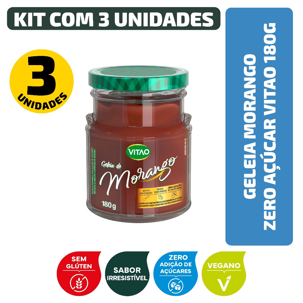 Kit Geleia Morango Zero Açúcar Vitao 180G - 3 Unidades em Oferta na Shopee