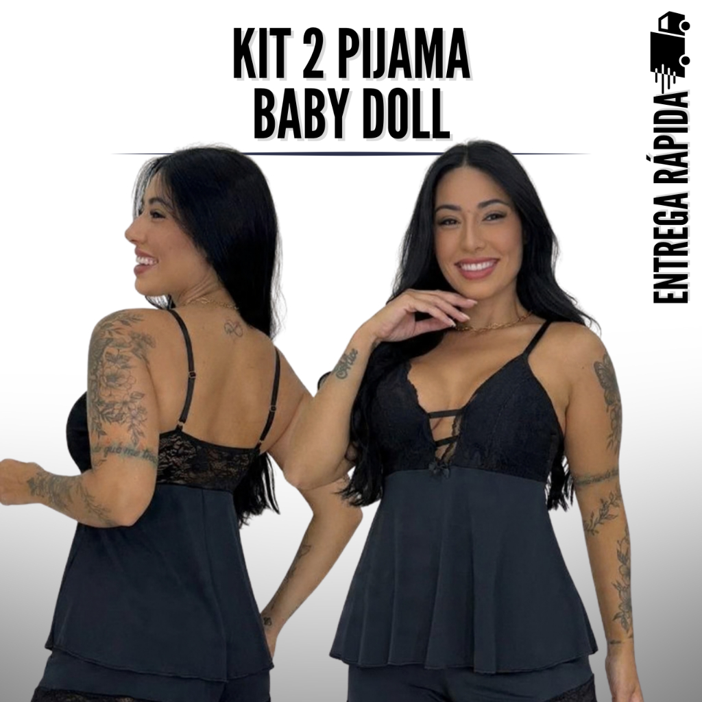 Kit 2 Pijama Baby Doll Detalhe de Renda Luxo Short Doll Feminino
