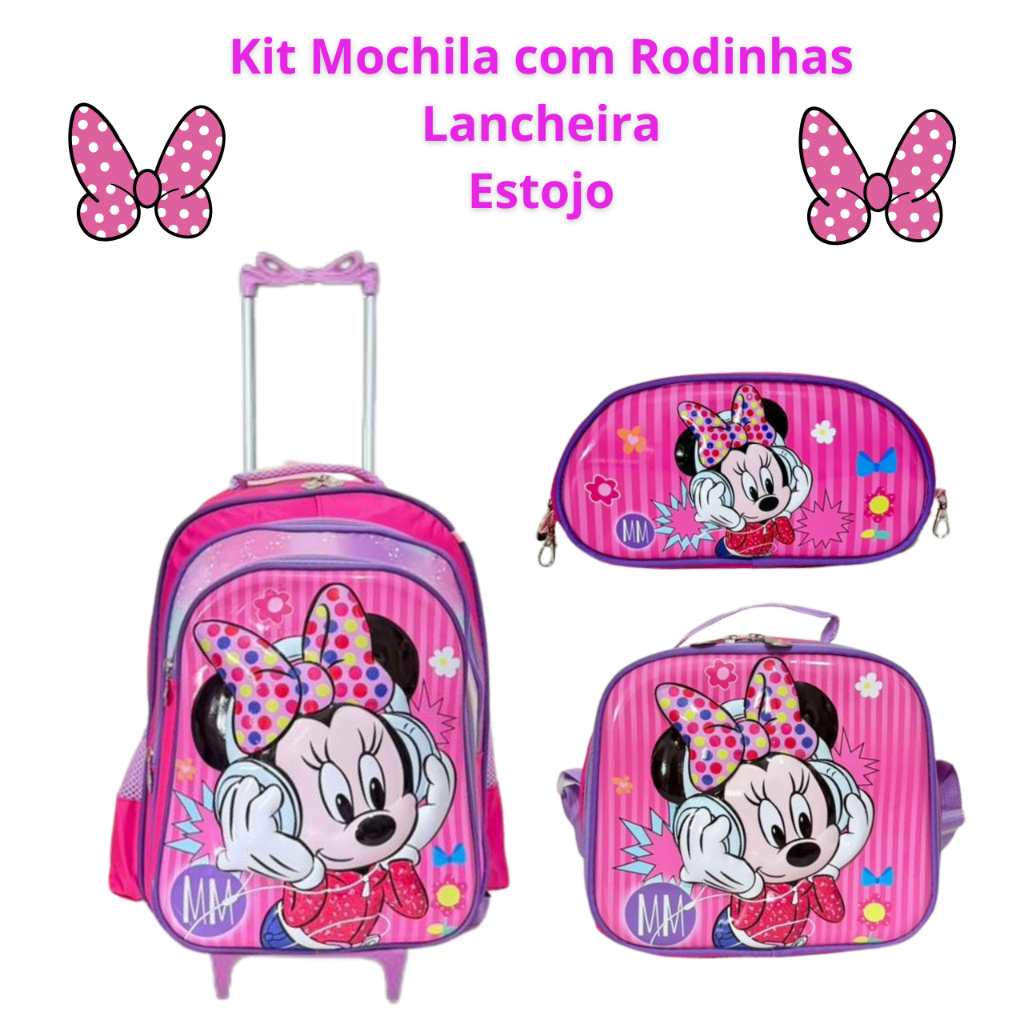 Kit Mochila Escolar 3D Com Rodinhas Minnie Mouse Menina Grande Reforçada Com Lancheira Térmica e Estojo
