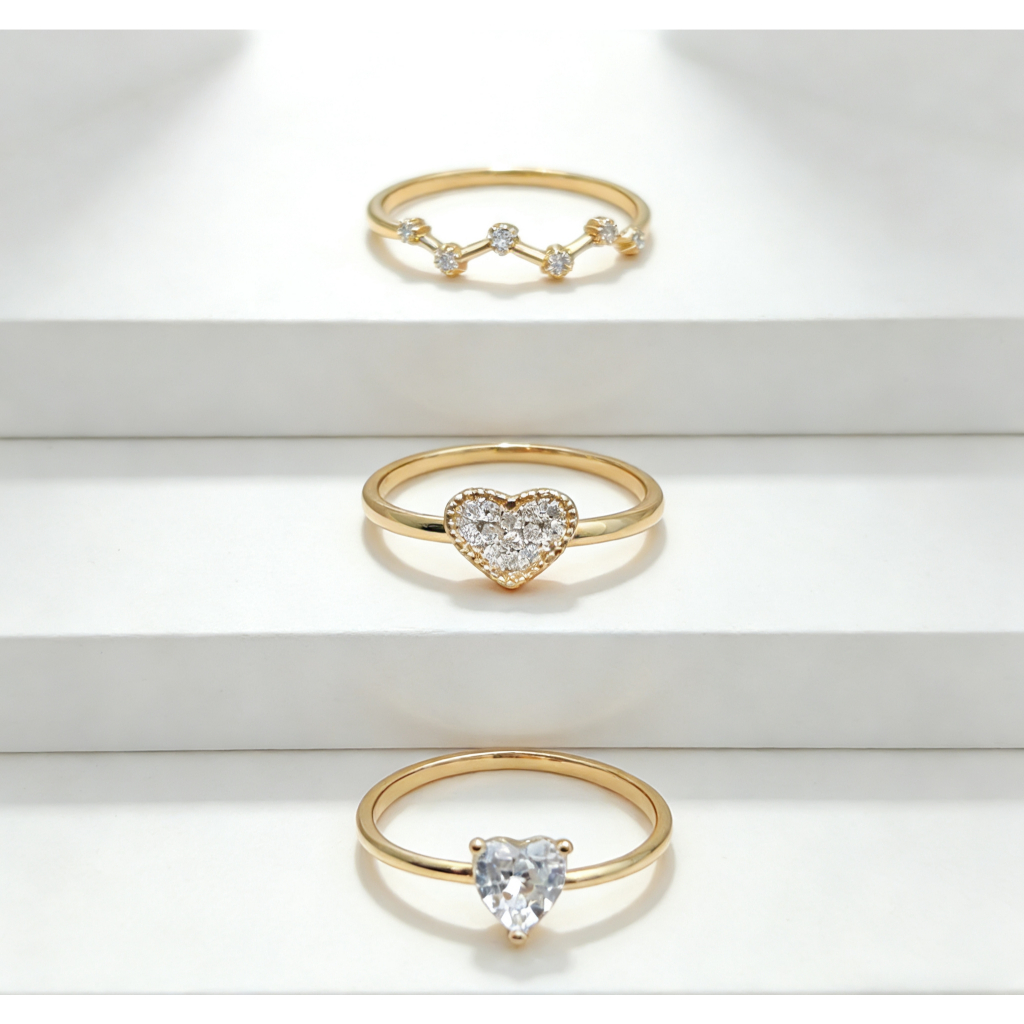Kit Trio de 3 anéis Feminino De Coração delicado com Zircônias Brilhantes Elegante em banhado a ouro 18k a Prata 925