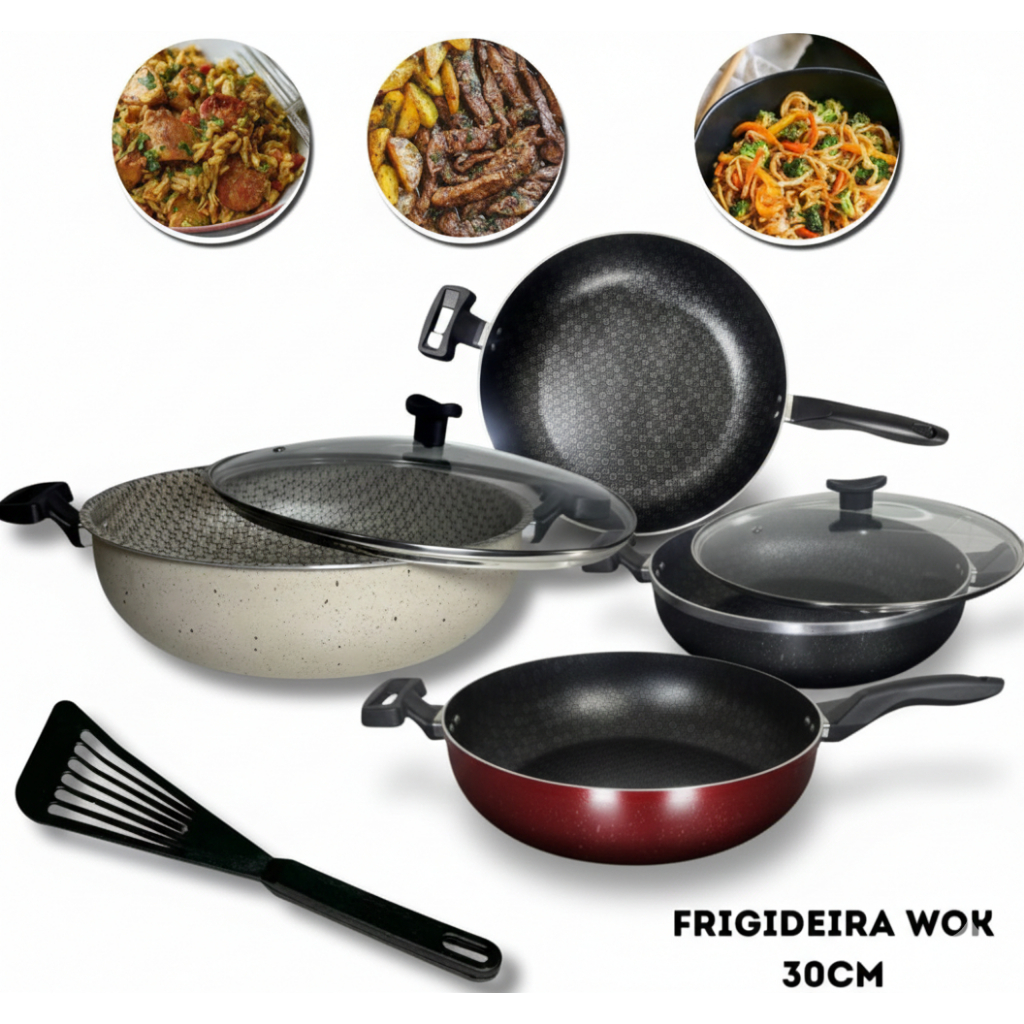 Frigideira Wok Antiaderente 30cm Alumínio Grosso + Espátula de Nylon Kasalinda