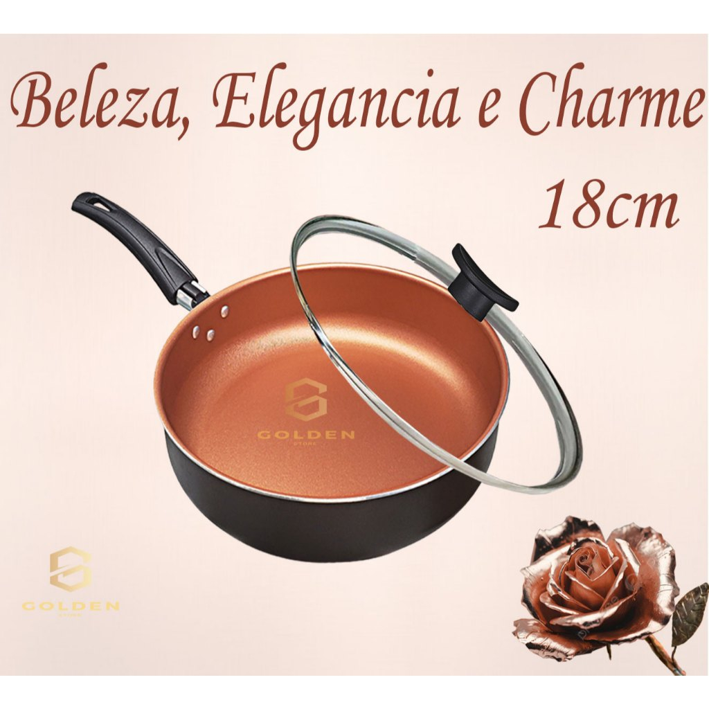 Frigideira 18 cm Alta Antiaderente Teflon Cor Cobre e Preto com Tampa de Vidro + Espátula Nylon