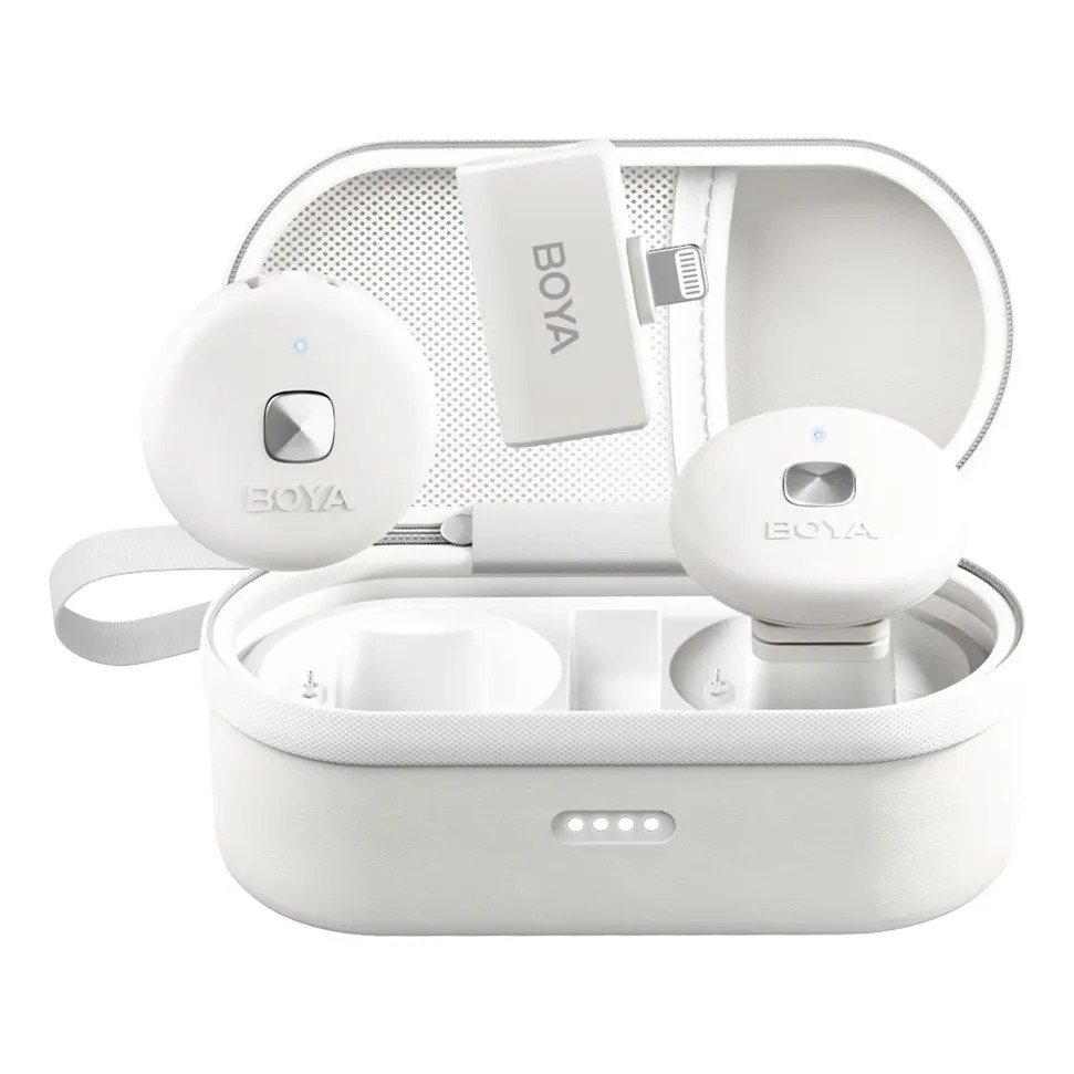 Microfone De Lapela Sem Fio Boya Omic-dw Para iPhone 11/12/13/14 Entrada Lightning Branco