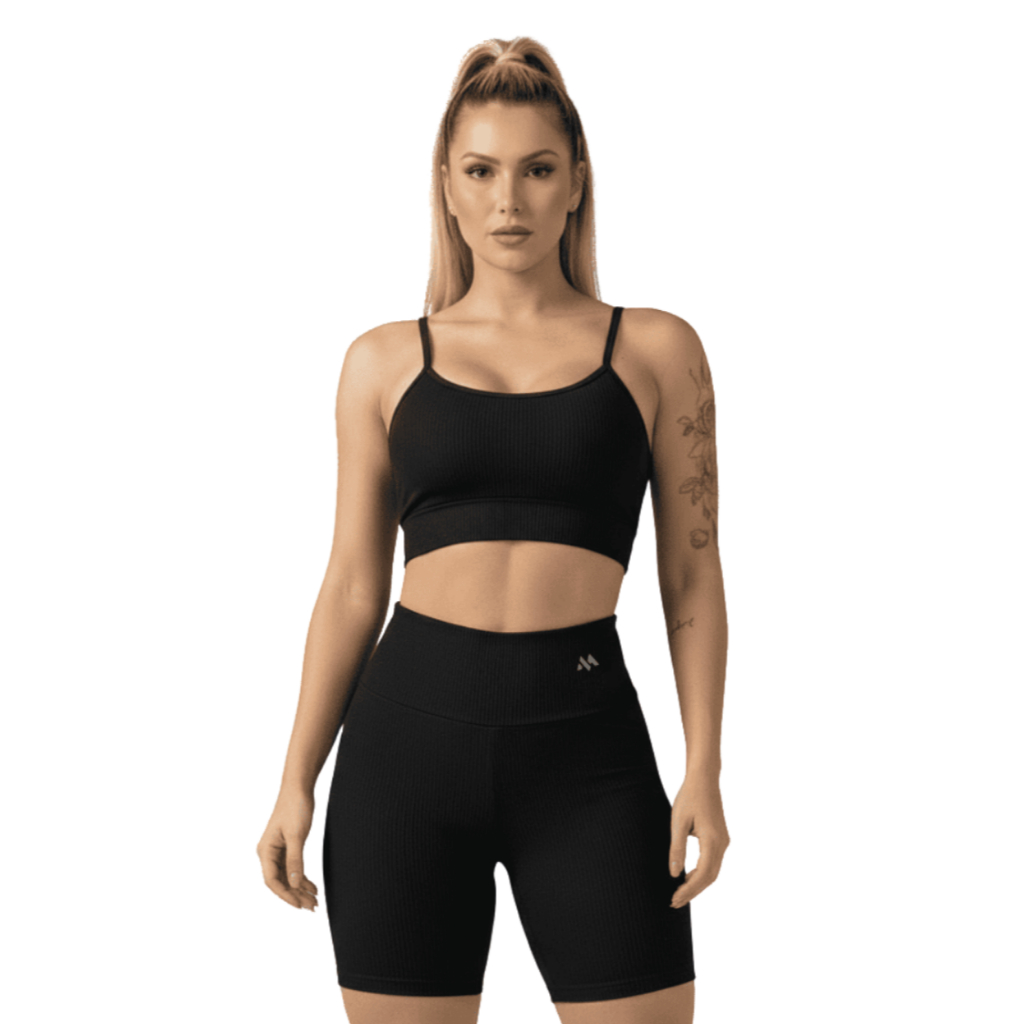 Conjunto Bermuda e Cropped MicroCanelado Premium Poliamida Cós alto e Zero Transparência