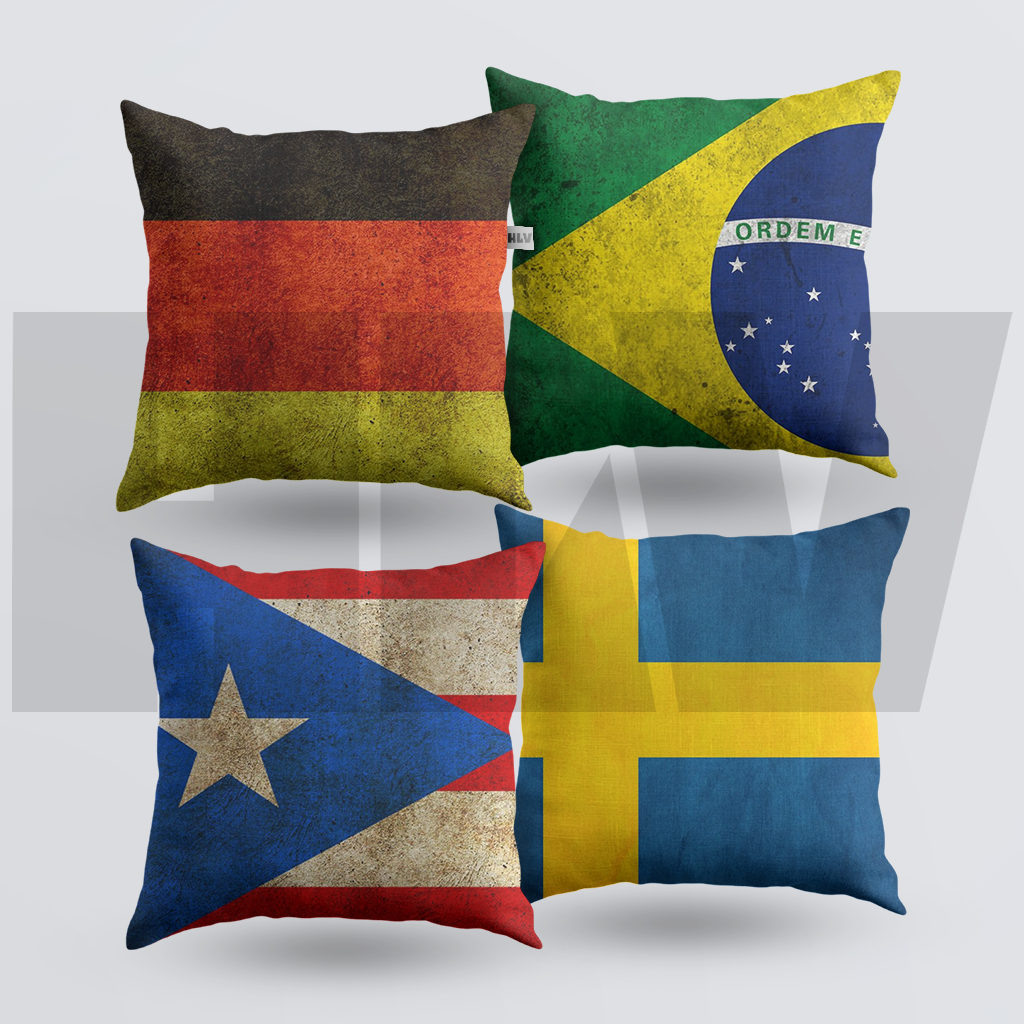 Kit com 4 Capas de Almofada – Bandeiras Decorativas (Alemanha, Brasil, Porto Rico e Suécia)