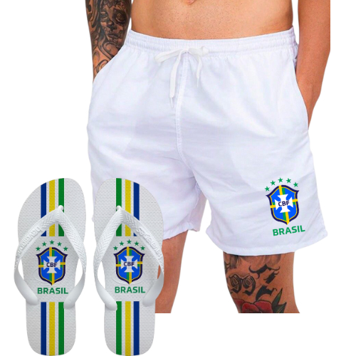 Kit Chinelo + Bermuda Short Tectel Elastano Brasil Seleção Brasileira Combo Exclusivo