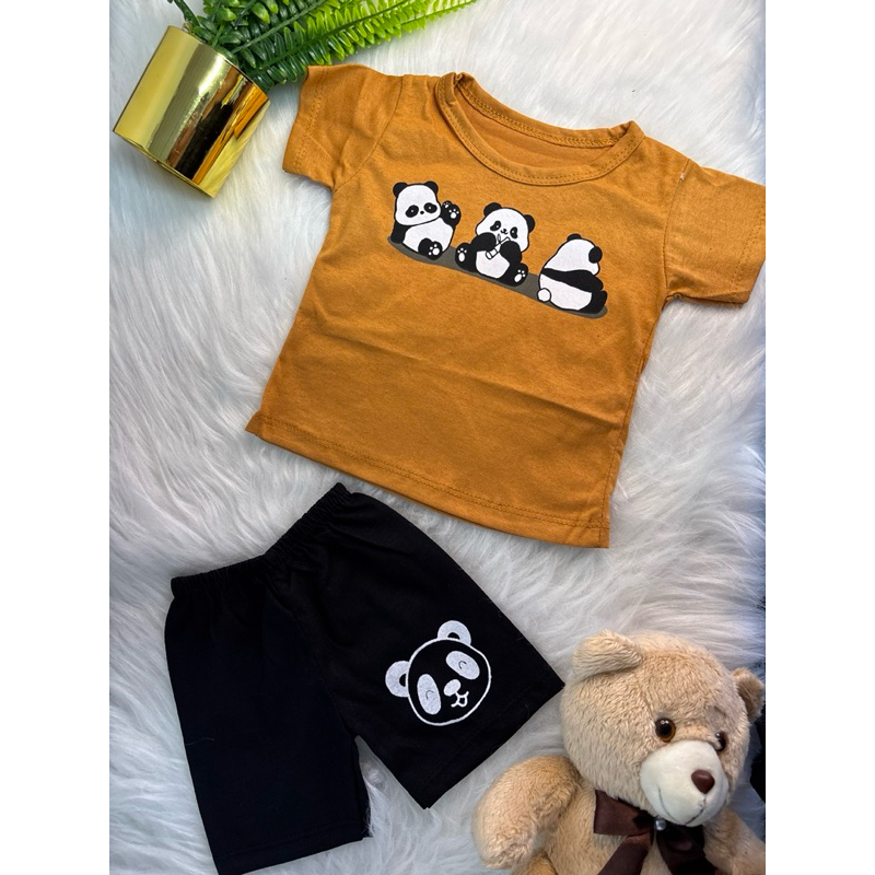 Conjunto Bebê Unissex Panda Marrom Camiseta Estampada + Shorts Preto Roupa Infantil Confortável