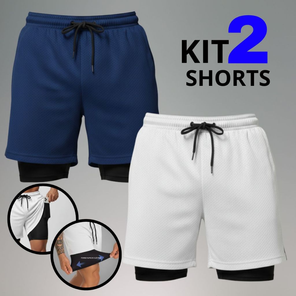 Kit 2 Bermuda Esportiva Masculina 2 Em 1 Bermuda Dry Fit Forro Compressão Academia Corrida