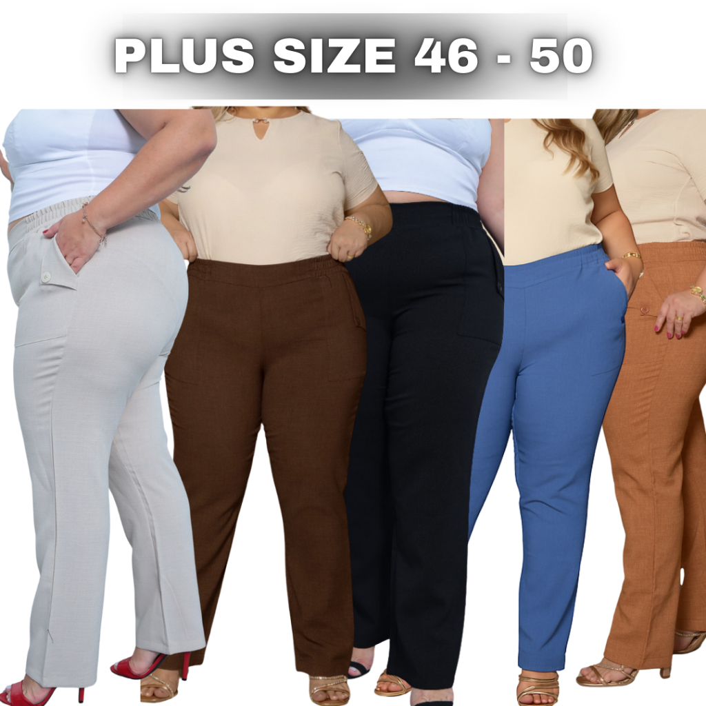 Calça Social Feminina - Plus Size - Calça Linho - Estilo ao Corpo com Bolsos Laterais e Botões , Visual Sofisticado em Oferta na Shopee