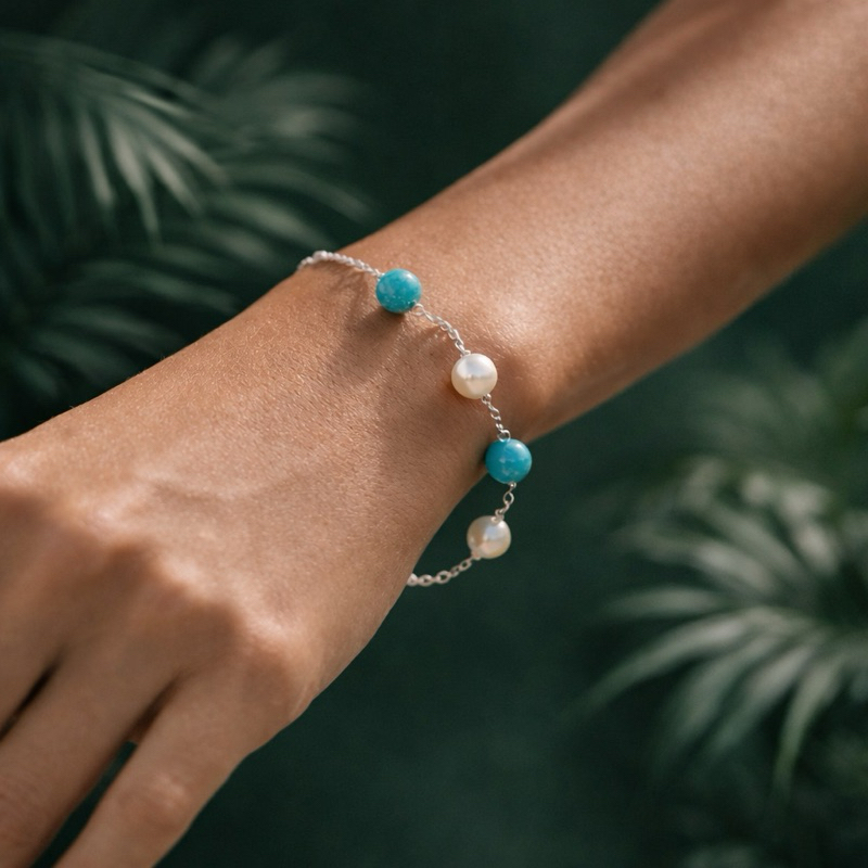 Pulseira Prata 925 Pérolas e Pedras Azuis Joia Feminina Sofisticada