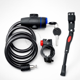 Trava Cabo De Aço Cadeado Corrente Bike Anti-Roubo Moto Espiral + Descanso Pezinho Lateral Bicicleta