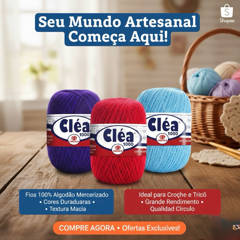 Linha Cléa 1000 Círculo 1000mts 100% Algodão Para Crochê Fio Fino Alta Rendimento em Oferta na Shopee