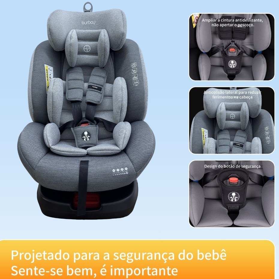 Cadeirinha infantil para automóvel, com rotação de 360°, segura e confortável, com cinto de segurança de cinco pontos.