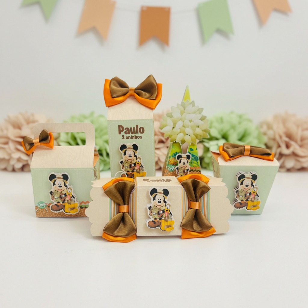 Kit Festa Personalizado Safari do Mickey - Caixinhas para Aniversário - Lembrancinhas - Pegue e monte.