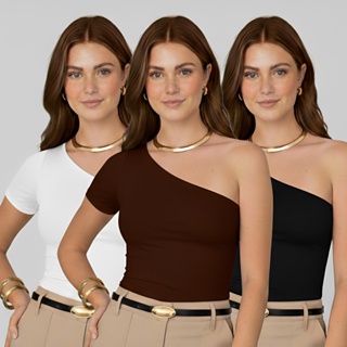 Kit 2 Blusas Feminina Mula Manca Um Ombro Só Suplex Premium Não Transparente com Forro em Oferta na Shopee