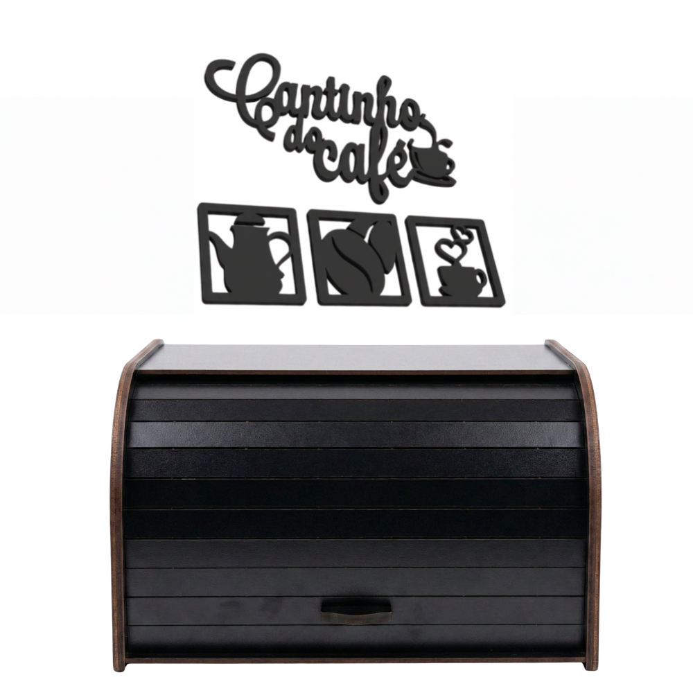 Porta Pães Preto Placa Cantinho do Café Decoração Funcional Pães Bolos e Bolachas Frescas