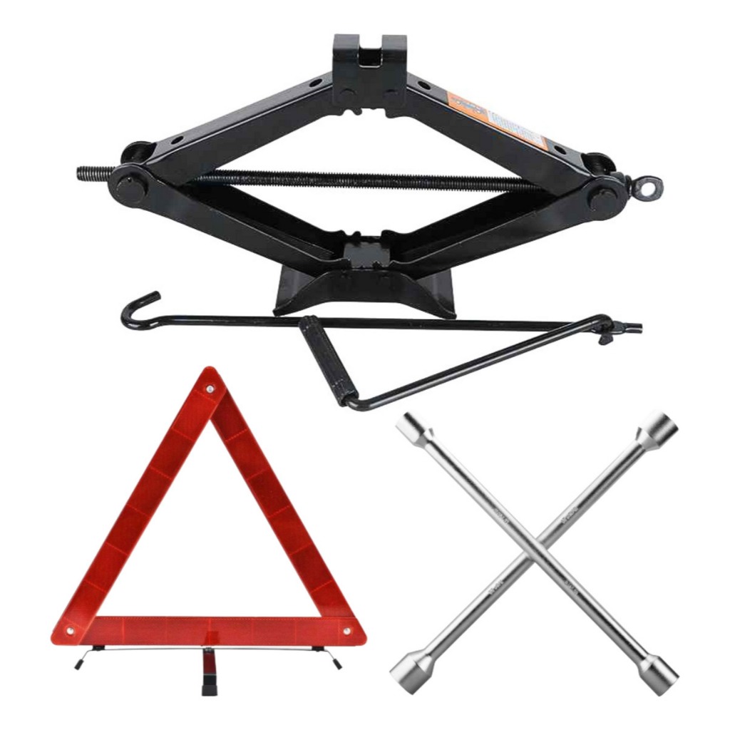 Kit Estepe Macaco Mecânico Sanfona 1,5T Universal 1500Kg + Chave Roda Em Aço + Triângulo Sinalização Segurança Carro