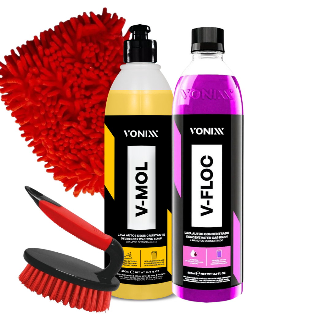 Kit Lavagem Automotiva Vonixx Shampoo Neutro V-Floc V-Mol 500ml e Acessórios Karbox