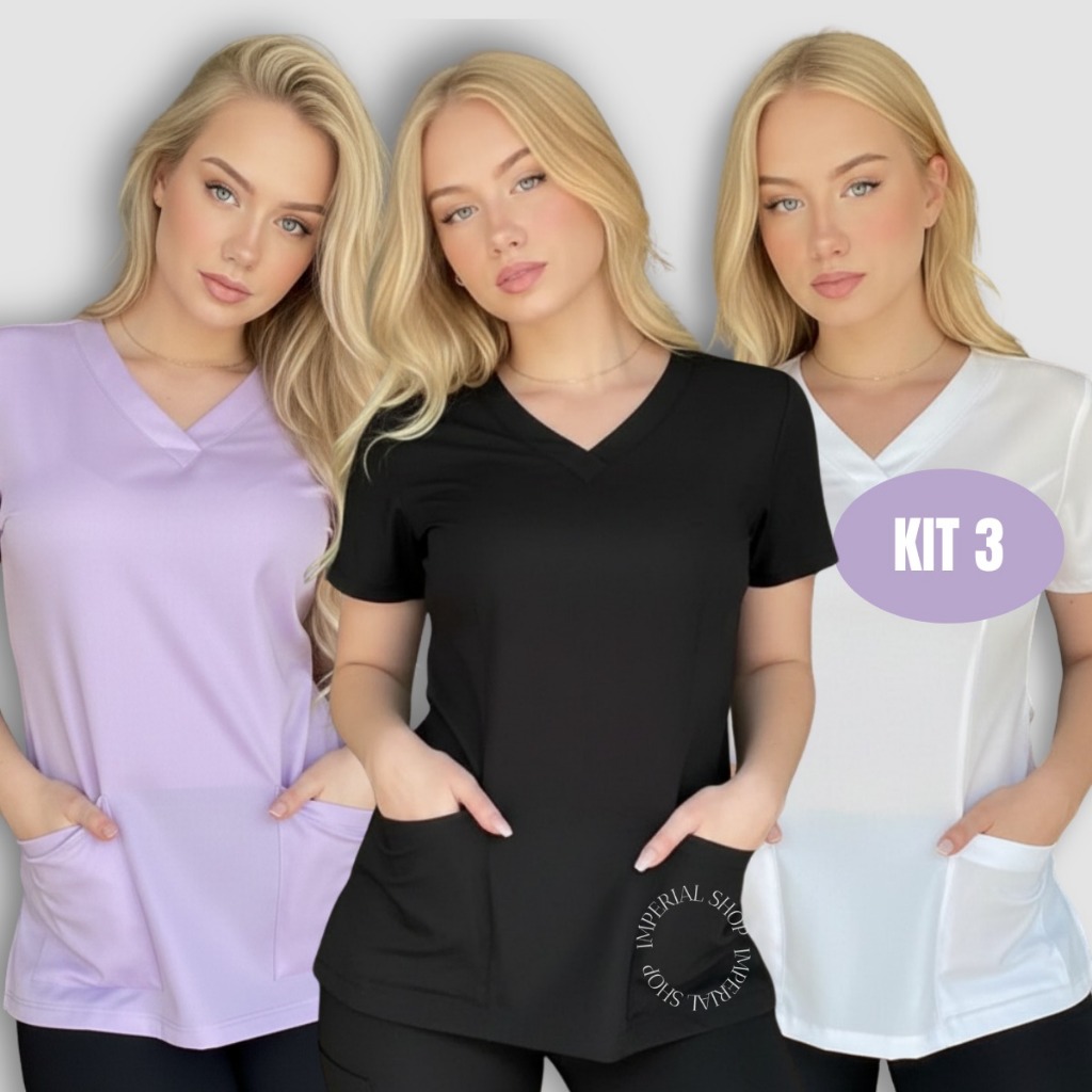 Kit 3 Blusa Avental Scrub Pijama Cirúrgico Plus Size Uniforme Clínica Estética- Sh