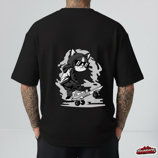 Camiseta oversized masculina Streetwear Premium 100% Algodão estampada frente e costas gatinho lolosharks