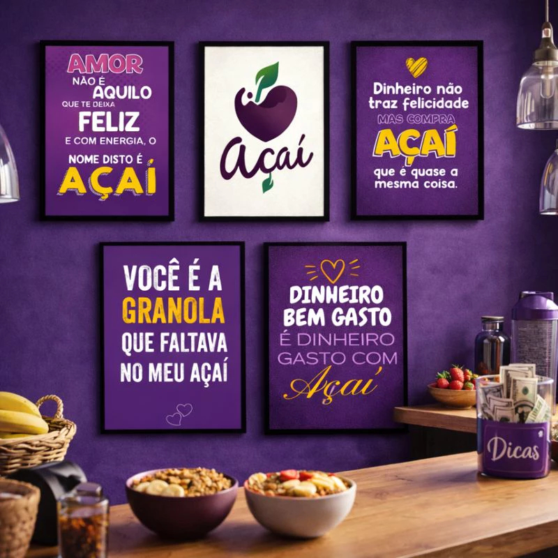 Kit Plaquinhas 5 Quadros Açaí 20x30 placas em madeira mdf para sorveteria açaiteria promoçao em Oferta na Shopee
