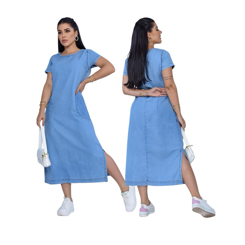 Vestido Feminino Jeans Claro Midi de Manga Soltinho Confortável e Fresquinho