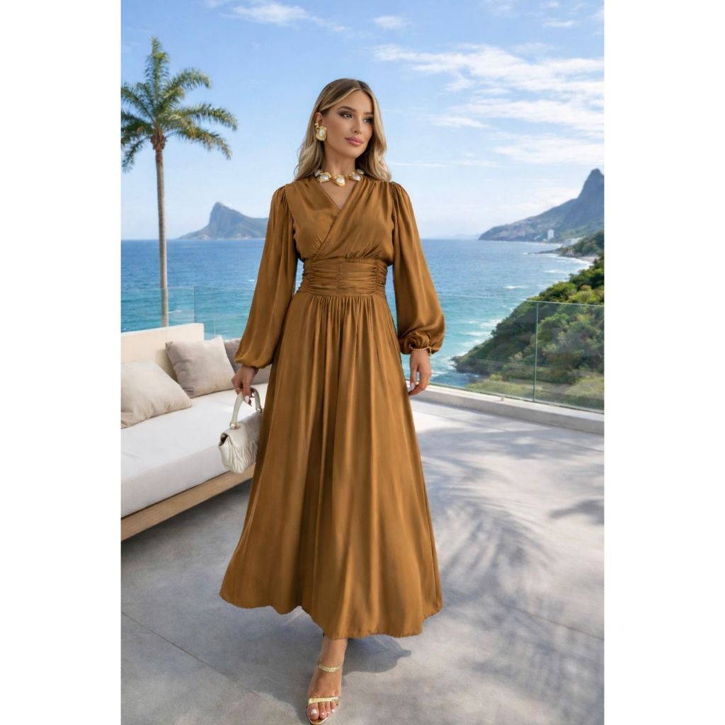 Vestido Longo Feminino Manga Comprida Cintura Drapeado COD:240 em Oferta na Shopee