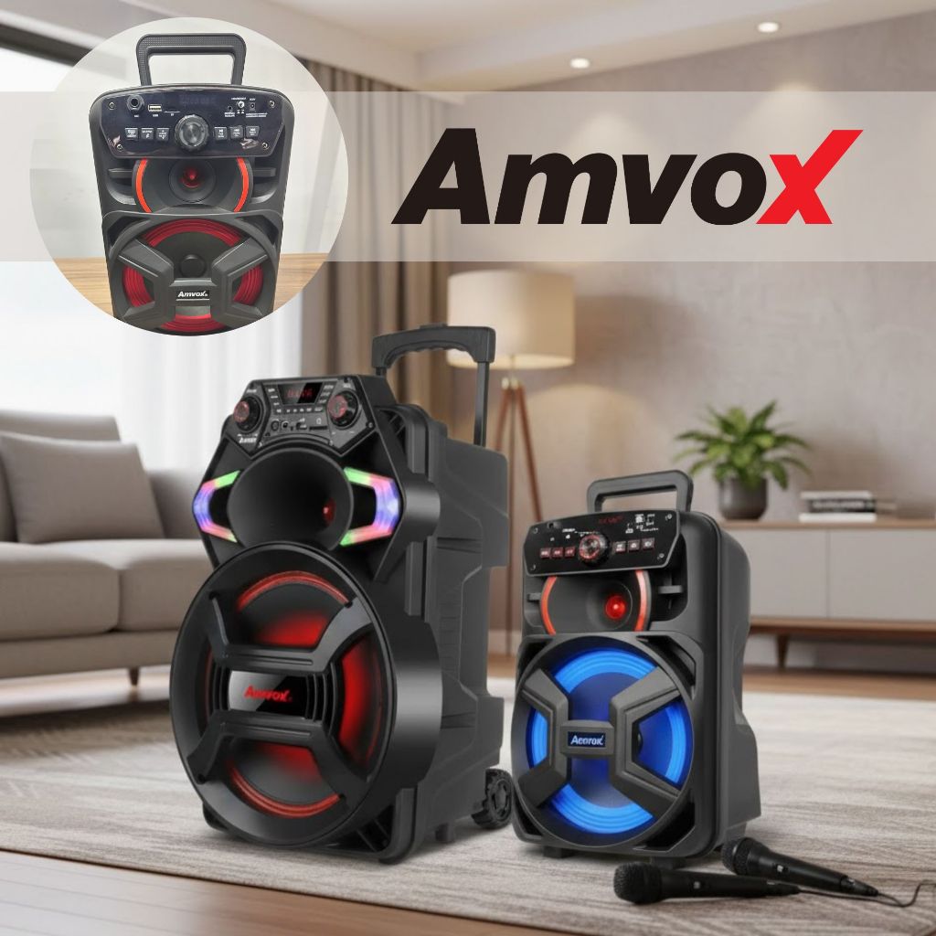 Amvox Caixa Som Amplificada Karaokê ACA 221 Gigante 220w e ACA 255 Hit 250w Bluetooth C/2  Mic C/Fio