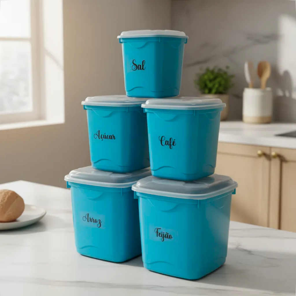 Kit 5 Potes Porta Tempero Mantimento Plástico Com Tampa Transparente Conjunto Reforçado Resistente