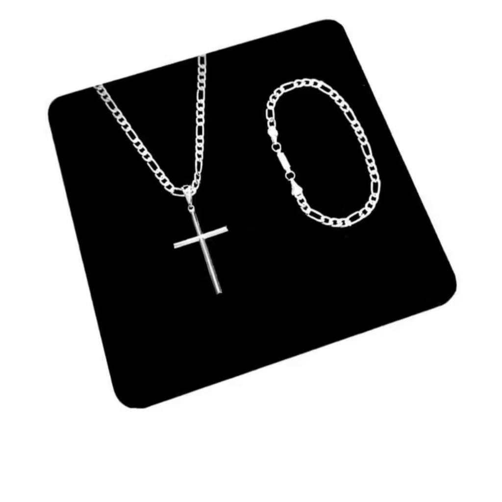 【KIT Colar/pulseira masculino requintado 】banhado a prata  925, com uma cruz, com mais de 70 cm em Oferta na Shopee