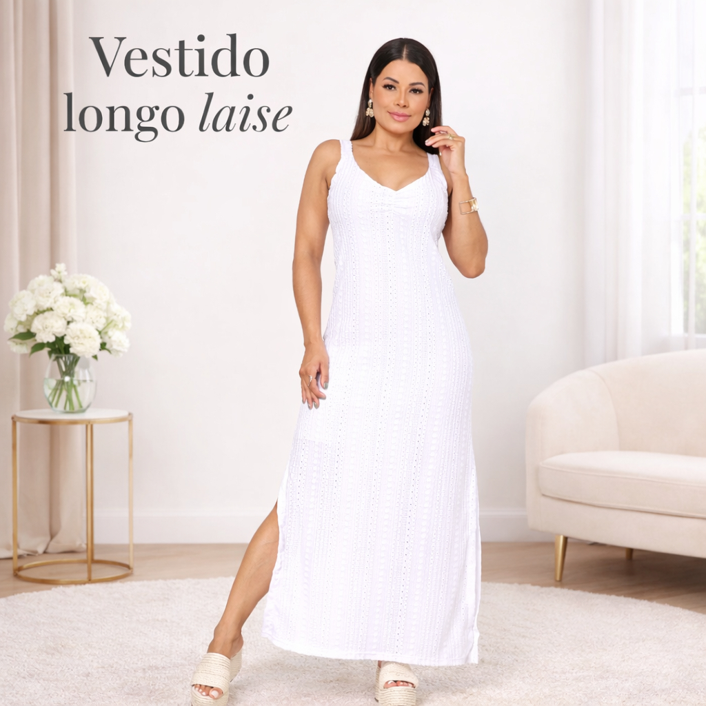 Vestido Laise Longo Feminino Branco Casual Elegante Leve Confortável