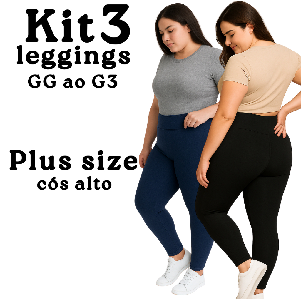 Kit 3 ou 2 Calças Legging Feminina Plus Size Básica Lisa Cintura Alta Dia a Dia GG G1 G2 G3 em Oferta na Shopee
