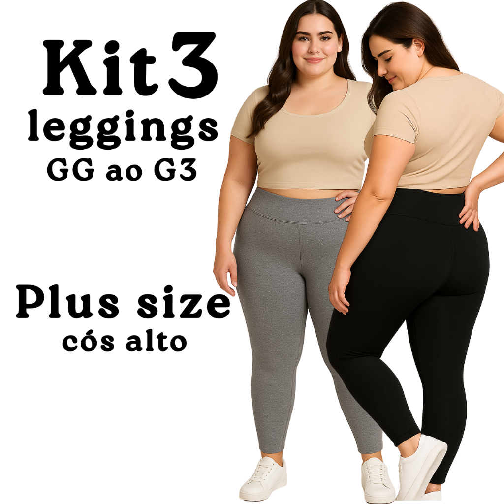 Kit 3 ou 2 Calças Legging Feminina Plus Size Lisa Cintura Alta Costura Reforçada GG G1 G2 G3 em Oferta na Shopee