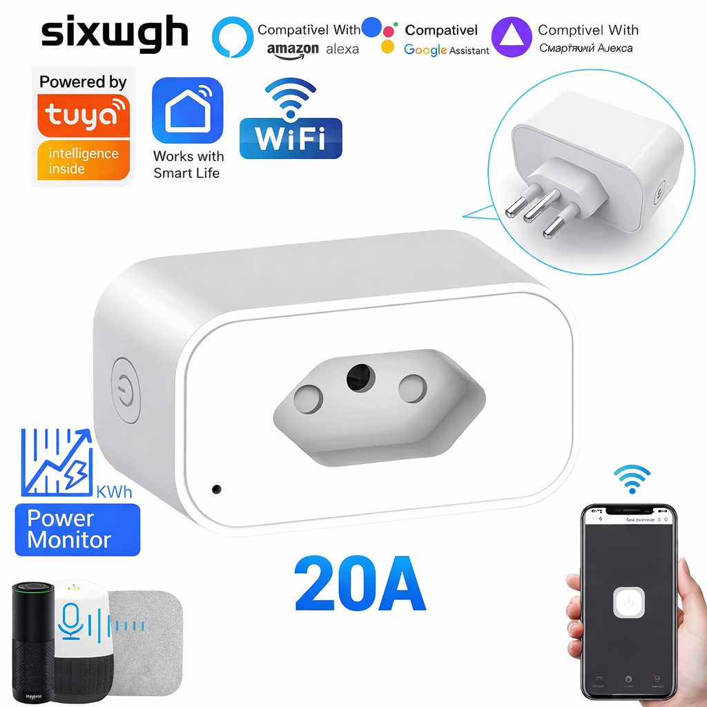 Tomada Inteligente WiFi 20A Tuya Smart Life Medidor Energia Alexa Google Home