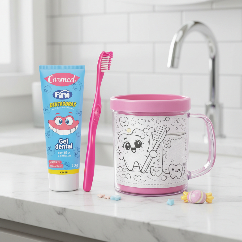 Kit Dental Infantil Carmed Fini Dentadura 70g com Flúor Escova e Caneca para Colorir Incentiva Escovação Kids