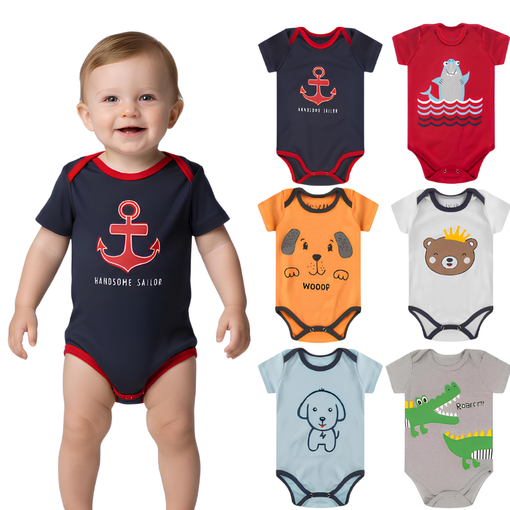 Kit 6 Peças Body de Bebê Sortido Manga Curta - Roupa de Bebê Menino - Conjunto para Bebê - RN ao GG