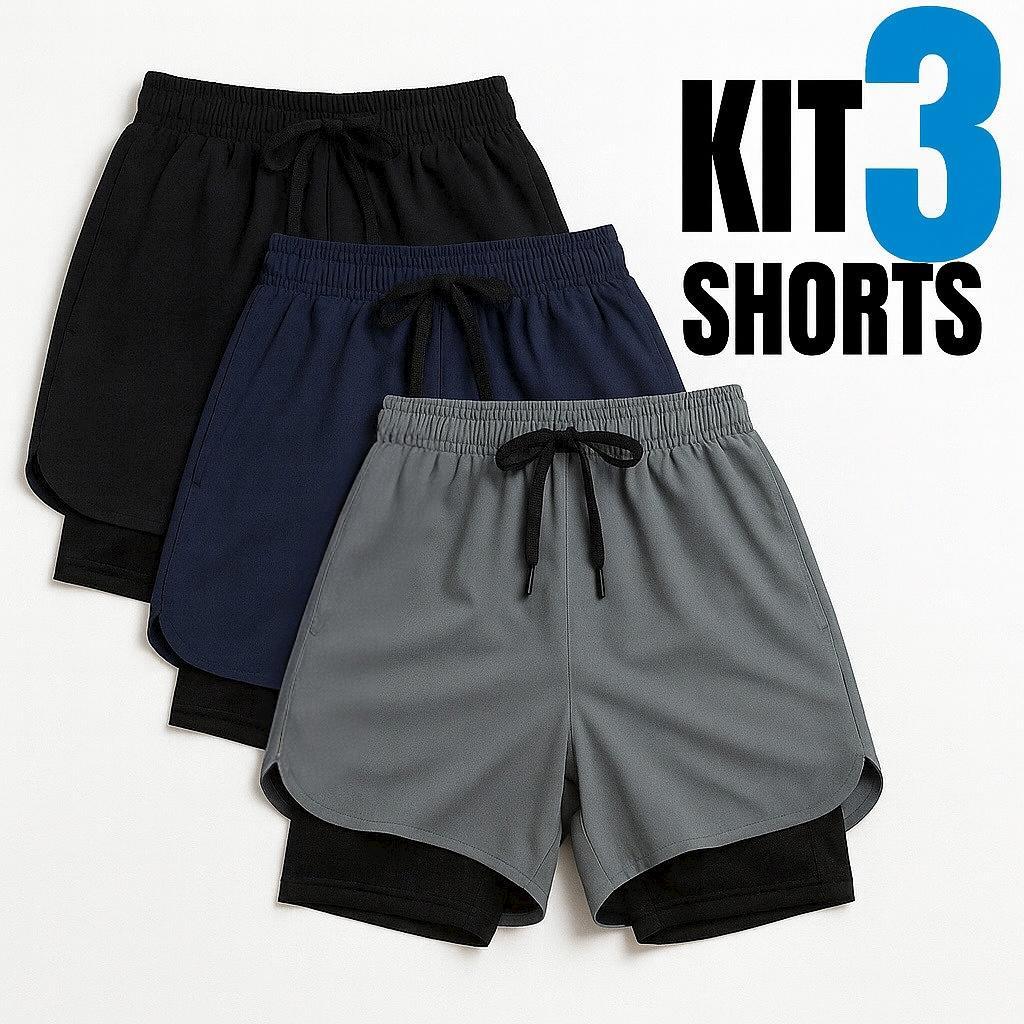 Kit 3 Shorts 2 em 1 P Até G2 Duplo Bermuda Com Bolso Interno Original Treino