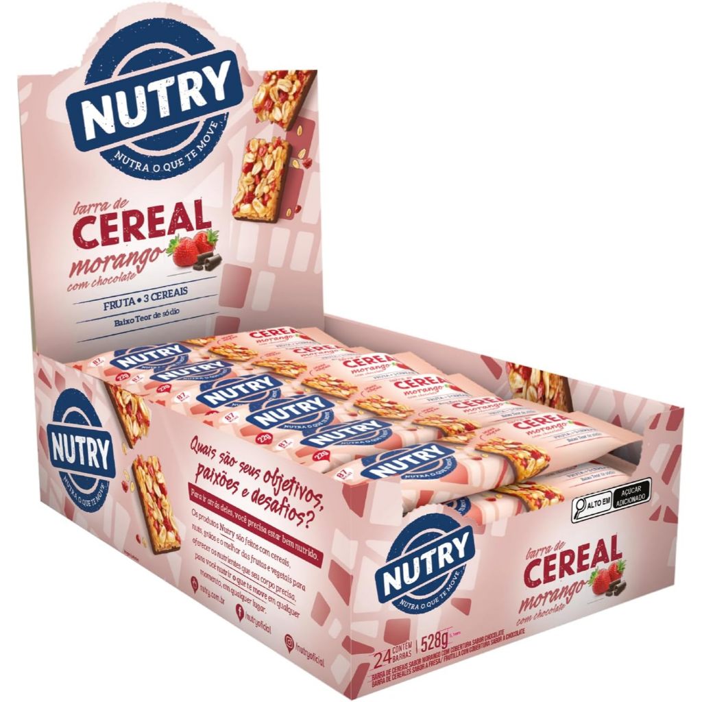 Barra De Cereais Nutry Morango Com Chocolate 24 X 22g - Com 3 Cereais E Fruta