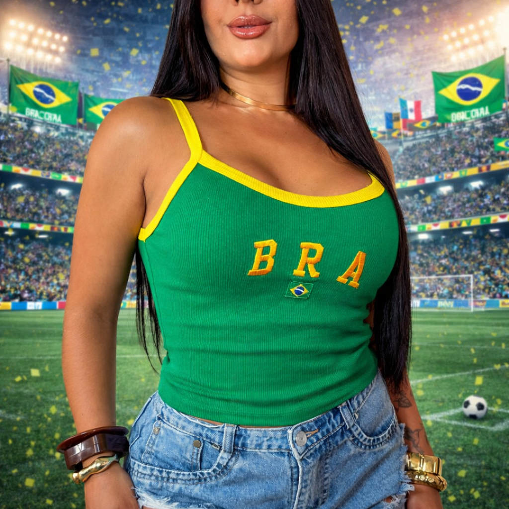 Camiseta Regata do Brasil Alcinha Fina Ribana Canelada Bordada
